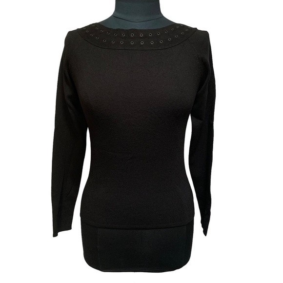 Dana Buchman Black Top Long Sleeve Grommet Detail Neckline Size Medium - Picture 2 of 8